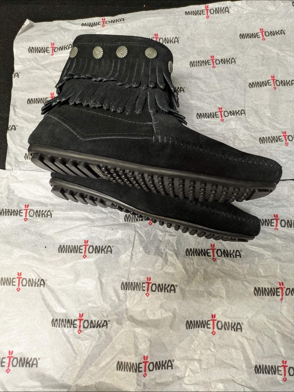 Minnetonka Black Suede Fringe Ankle Boots - Picture 6 of 7